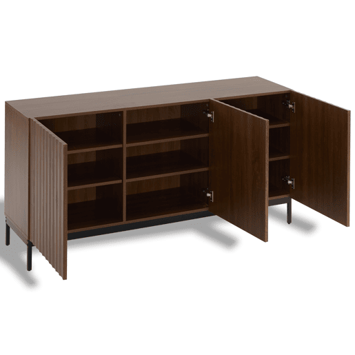 Aparador 150x40x80 cm - Design 3D ondulado, 3 portas, prateleiras ajustáveis, segurança anticaída - Madeira natural