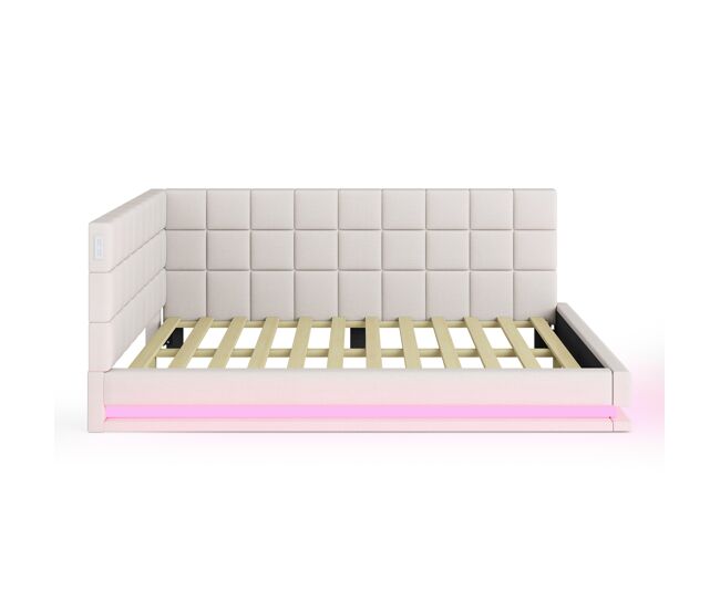 Sofá cama de lino 160x200 - multifuncional con luces led, puerto usb y somier - beige