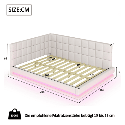 Sofá-cama de linho 160x200 - multifuncional com luzes LED, porta USB e estrado - Bege