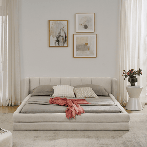 Cama de casal 160x200 cm - Chenille, encosto confortável, estrutura robusta em eucalipto e ferro, fácil de montar - Bege