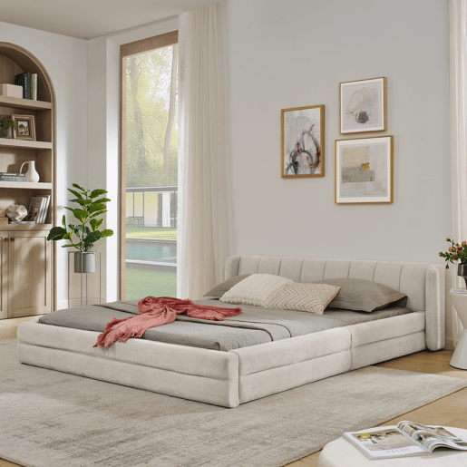 Cama de casal 160x200 cm - Chenille, encosto confortável, estrutura robusta em eucalipto e ferro, fácil de montar - Bege