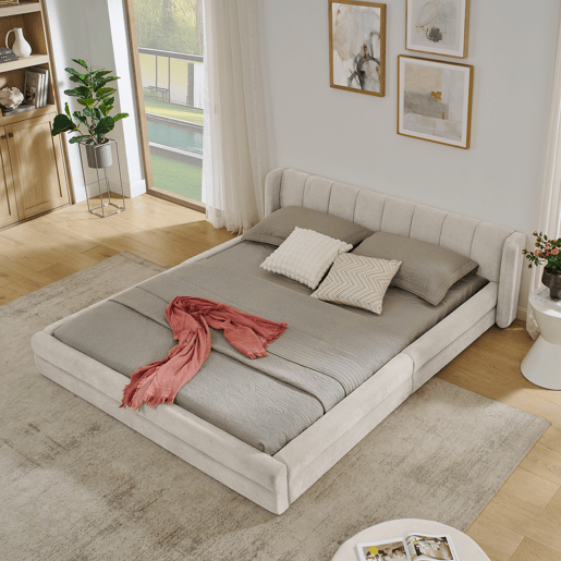 Cama de casal 160x200 cm - Chenille, encosto confortável, estrutura robusta em eucalipto e ferro, fácil de montar - Bege