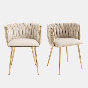 Cadeira de jantar de veludo 2 peças - design tecido à mão, pernas de metal dourado - marfim