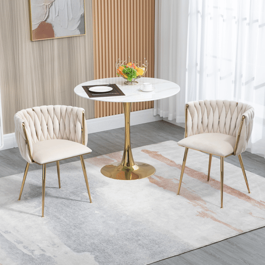 Cadeira de jantar de veludo 2 peças - design tecido à mão, pernas de metal dourado - marfim