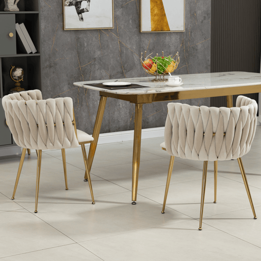 Cadeira de jantar de veludo 2 peças - design tecido à mão, pernas de metal dourado - marfim
