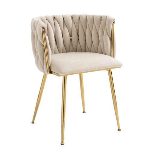 Cadeira de jantar de veludo 2 peças - design tecido à mão, pernas de metal dourado - marfim