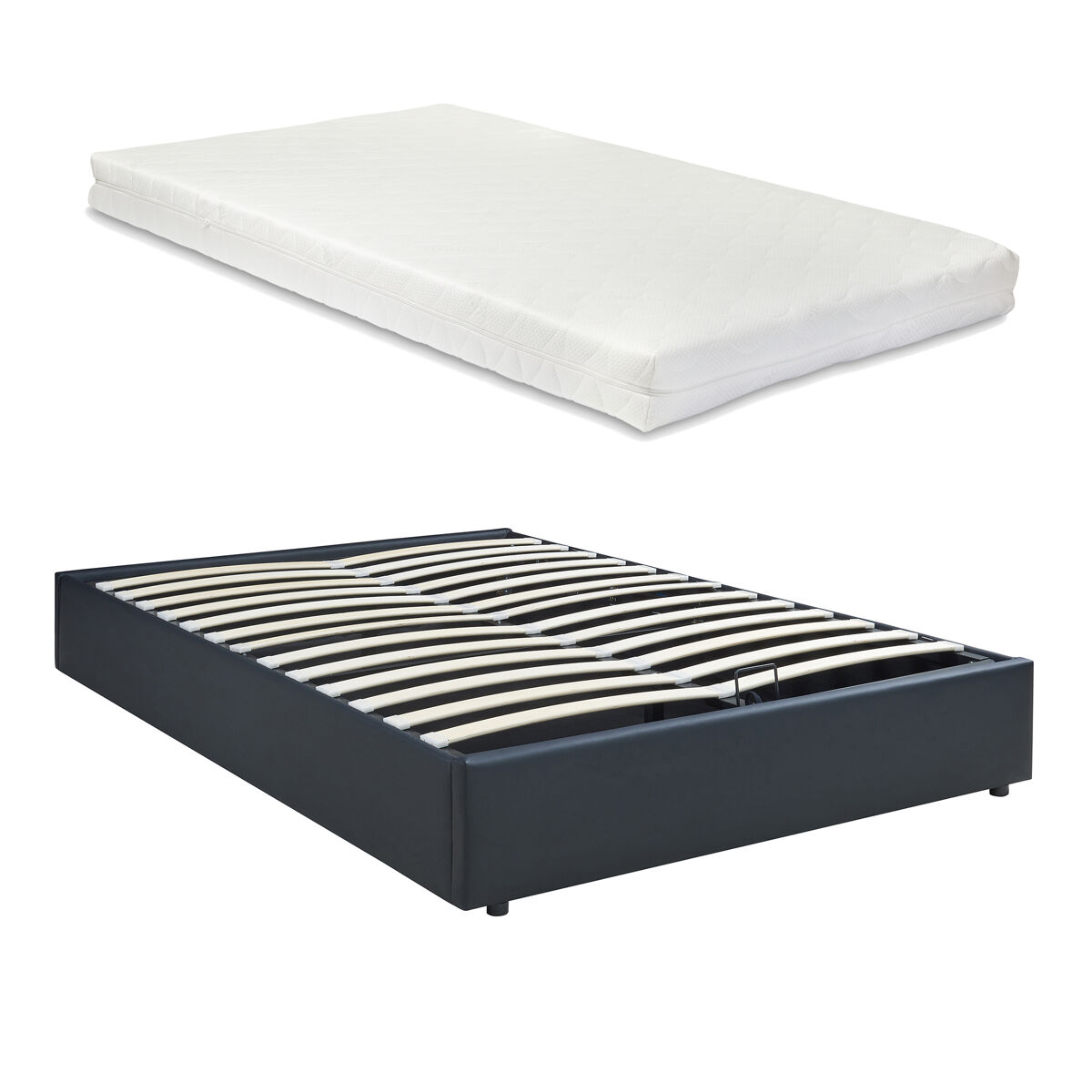 Cama matrimonio nola somier abatible polipiel + colchón 140x200cm negro [en.casa]