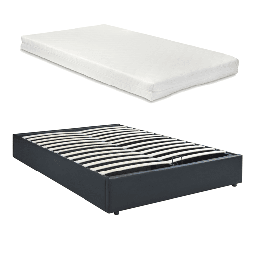 Cama estofada Nola com estrado pele sintética + colchão 140x200 cm Preta en.casa