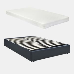 Cama estofada Nola com estrado pele sintética + colchão 140x200 cm Preta en.casa