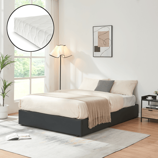Cama estofada Nola com estrado pele sintética + colchão 140x200 cm Preta en.casa