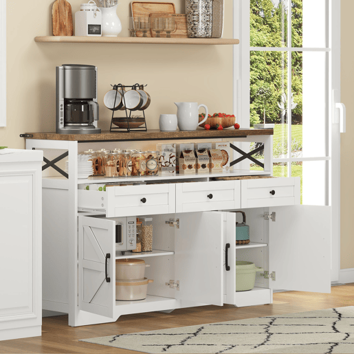 Buffet 140 cm - com arrumação, 3 gavetas, portas e prateleiras ajustáveis, estilo rústico - castanhobranco