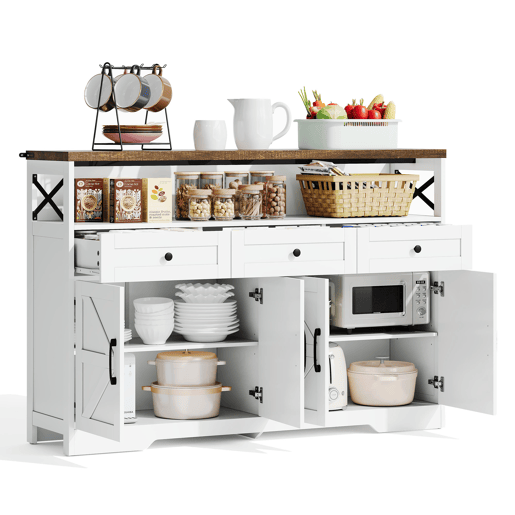 Buffet 140 cm - com arrumação, 3 gavetas, portas e prateleiras ajustáveis, estilo rústico - castanhobranco