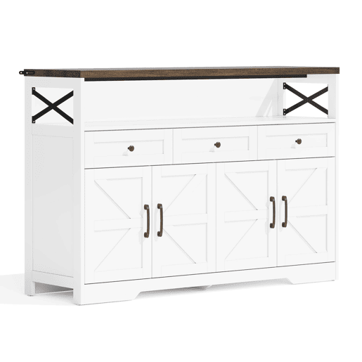 Buffet 140 cm - com arrumação, 3 gavetas, portas e prateleiras ajustáveis, estilo rústico - castanhobranco
