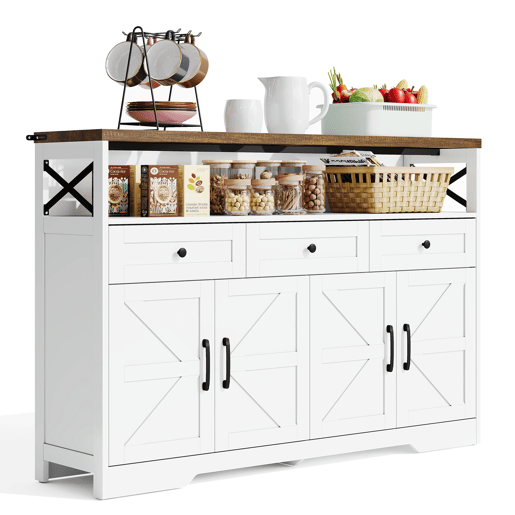 Buffet 140 cm - com arrumação, 3 gavetas, portas e prateleiras ajustáveis, estilo rústico - castanhobranco