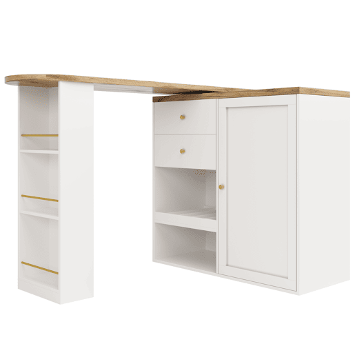 Mesa de bar giratória 105x39x102 cm - com 2 gavetas e armário com porta deslizante, 3 níveis de armazenamento aberto - branca