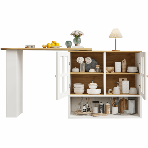 Mesa de bar giratória 360° - design simples e moderno, multifuncional, com prateleira para lanches, 5 superfícies de armazenamento, armário com prateleiras e vidro - Branco