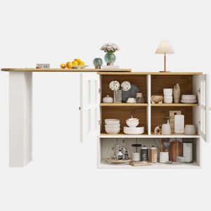 Mesa de bar giratória 360° - design simples e moderno, multifuncional, com prateleira para lanches, 5 superfícies de armazenamento, armário com prateleiras e vidro - Branco