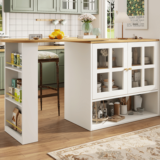 Mesa de bar giratória 360° - design simples e moderno, multifuncional, com prateleira para lanches, 5 superfícies de armazenamento, armário com prateleiras e vidro - Branco