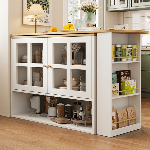 Mesa de bar giratória 360° - design simples e moderno, multifuncional, com prateleira para lanches, 5 superfícies de armazenamento, armário com prateleiras e vidro - Branco