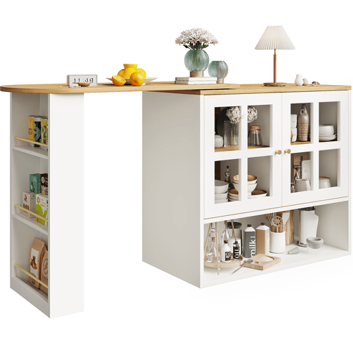 Mesa de bar giratória 360° - design simples e moderno, multifuncional, com prateleira para lanches, 5 superfícies de armazenamento, armário com prateleiras e vidro - Branco