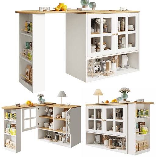 Mesa de bar giratória 360° - design simples e moderno, multifuncional, com prateleira para lanches, 5 superfícies de armazenamento, armário com prateleiras e vidro - Branco
