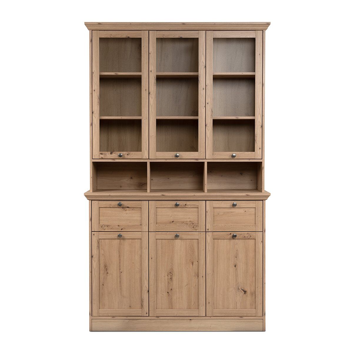 Aparador vitrina 6 puertas (3 vitradas), 3 cajones y 3 nichos l120 cm - timber - roble