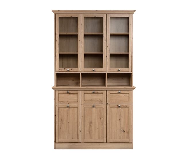 Aparador vitrina 6 puertas (3 vitradas), 3 cajones y 3 nichos l120 cm - timber - roble