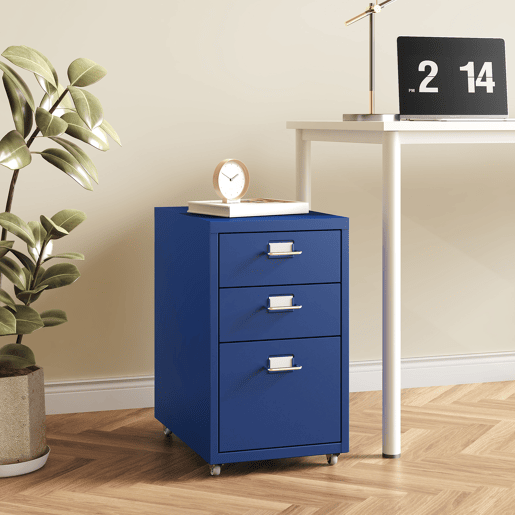 Armário de arquivo móvel Kökar com 3 gavetas aço 48x28x41 cm Azul en.casa
