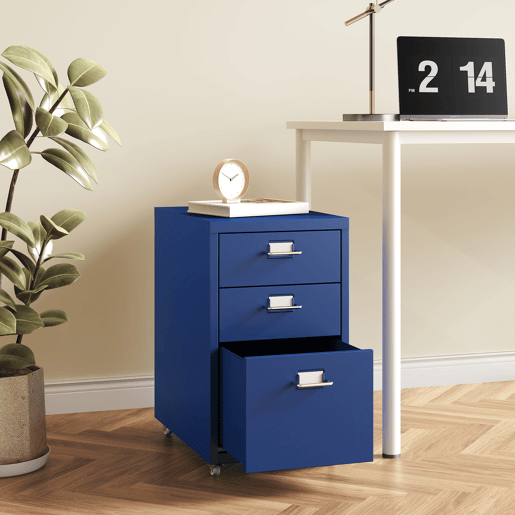 Armário de arquivo móvel Kökar com 3 gavetas aço 48x28x41 cm Azul en.casa