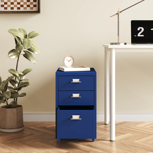 Armário de arquivo móvel Kökar com 3 gavetas aço 48x28x41 cm Azul en.casa