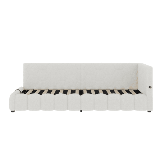 Cama de dia 90x200cm - Sofá-cama, com estrado (sem colchão), barra de luz LED, mecanismo hidráulico, porta USB e Tipo-C, material confortável, imitação de lã - Branco