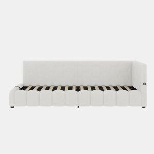 Cama de dia 90x200cm - Sofá-cama, com estrado (sem colchão), barra de luz LED, mecanismo hidráulico, porta USB e Tipo-C, material confortável, imitação de lã - Branco