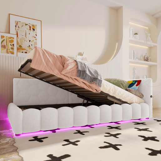 Cama de dia 90x200cm - Sofá-cama, com estrado (sem colchão), barra de luz LED, mecanismo hidráulico, porta USB e Tipo-C, material confortável, imitação de lã - Branco