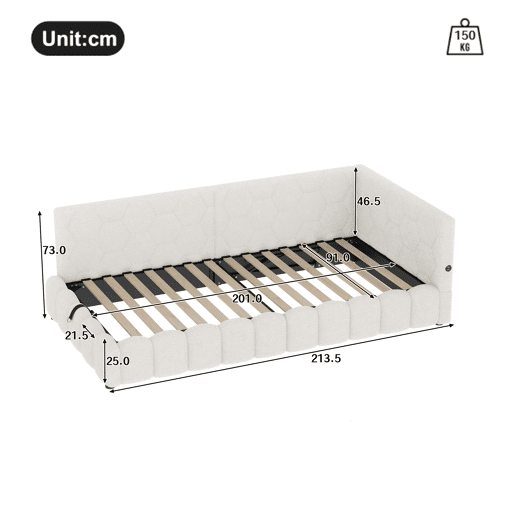 Cama de dia 90x200cm - Sofá-cama, com estrado (sem colchão), barra de luz LED, mecanismo hidráulico, porta USB e Tipo-C, material confortável, imitação de lã - Branco