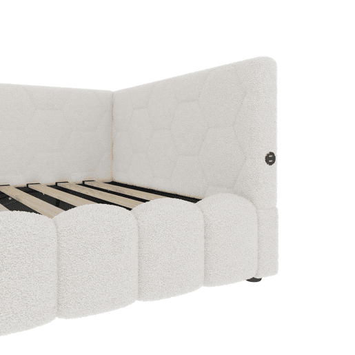 Cama de dia 90x200cm - Sofá-cama, com estrado (sem colchão), barra de luz LED, mecanismo hidráulico, porta USB e Tipo-C, material confortável, imitação de lã - Branco