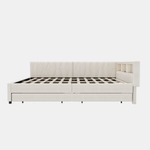 Cama de dia 140x200 cm - Sofá-cama, Prateleira na cama, USB + Tipo C, Controlo remoto para luz LED ambiente, Cama com duas gavetas, Cama com estrado (sem colchão) - Bege