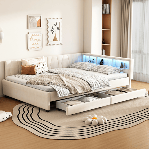 Cama de dia 140x200 cm - Sofá-cama, Prateleira na cama, USB + Tipo C, Controlo remoto para luz LED ambiente, Cama com duas gavetas, Cama com estrado (sem colchão) - Bege