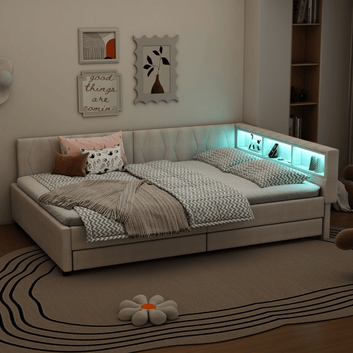 Cama de dia 140x200 cm - Sofá-cama, Prateleira na cama, USB + Tipo C, Controlo remoto para luz LED ambiente, Cama com duas gavetas, Cama com estrado (sem colchão) - Bege