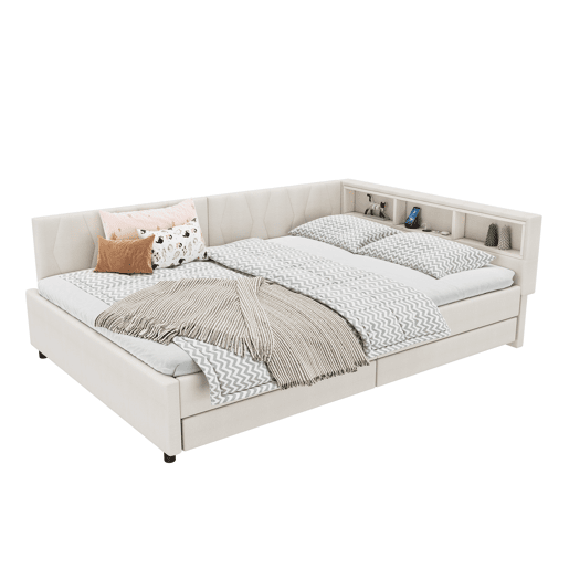 Cama de dia 140x200 cm - Sofá-cama, Prateleira na cama, USB + Tipo C, Controlo remoto para luz LED ambiente, Cama com duas gavetas, Cama com estrado (sem colchão) - Bege
