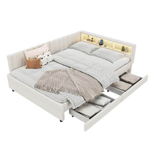 Cama de dia 140x200 cm - Sofá-cama, Prateleira na cama, USB + Tipo C, Controlo remoto para luz LED ambiente, Cama com duas gavetas, Cama com estrado (sem colchão) - Bege