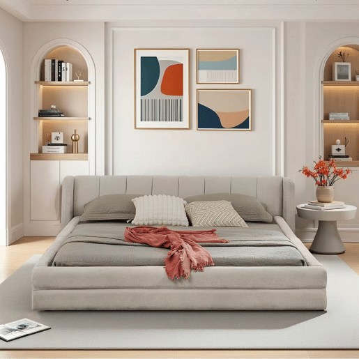 Cama de casal 140x200 cm - Chenille, encosto confortável, estrutura em eucalipto e ferro, fácil de montar - Bege