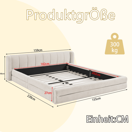 Cama de casal 140x200 cm - Chenille, encosto confortável, estrutura em eucalipto e ferro, fácil de montar - Bege