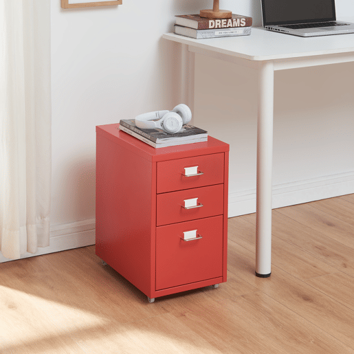 Armário de arquivo móvel Kökar com 3 gavetas aço 48x28x41 cm vermelho en.casa