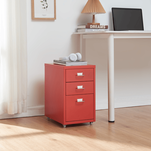 Armário de arquivo móvel Kökar com 3 gavetas aço 48x28x41 cm vermelho en.casa