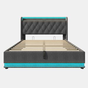 Cama de casal estofada 140*200 - LED 360° com controlo tátilAppFernbedienung, armazenamento hidráulico, cabeceira com carregamento USB Tipo-C - Cinza