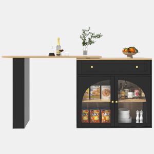 Mesa de bar extensível 138-204 cm - giratória em 360°, mesa alta, mesa de cozinhabistrô com prateleiras e vidro - Preto