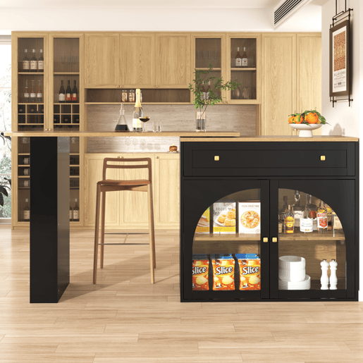 Mesa de bar extensível 138-204 cm - giratória em 360°, mesa alta, mesa de cozinhabistrô com prateleiras e vidro - Preto