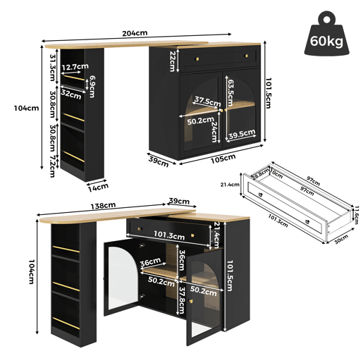 Mesa de bar extensível 138-204 cm - giratória em 360°, mesa alta, mesa de cozinhabistrô com prateleiras e vidro - Preto