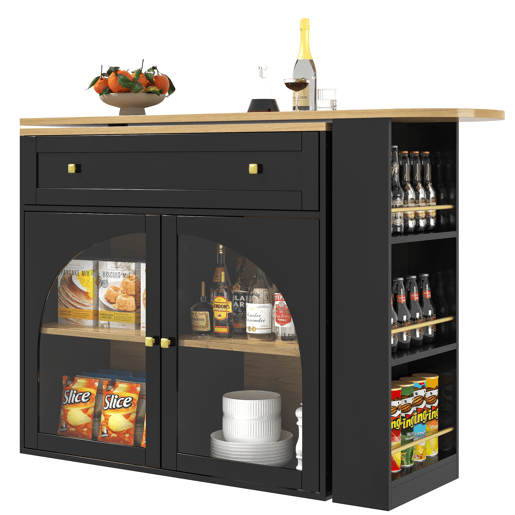 Mesa de bar extensível 138-204 cm - giratória em 360°, mesa alta, mesa de cozinhabistrô com prateleiras e vidro - Preto