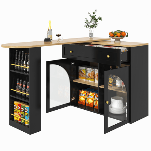 Mesa de bar extensível 138-204 cm - giratória em 360°, mesa alta, mesa de cozinhabistrô com prateleiras e vidro - Preto